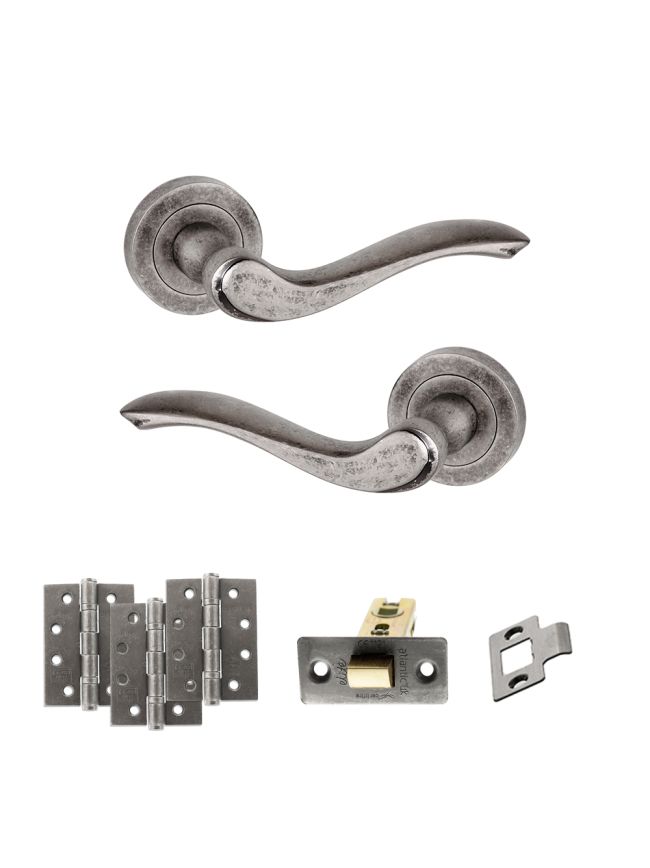 Old English Warwick Door Handle Pack (Latch Set - 2.5" CE Latch, 4" Fire Rated Hinges x3) - Distressed Silver