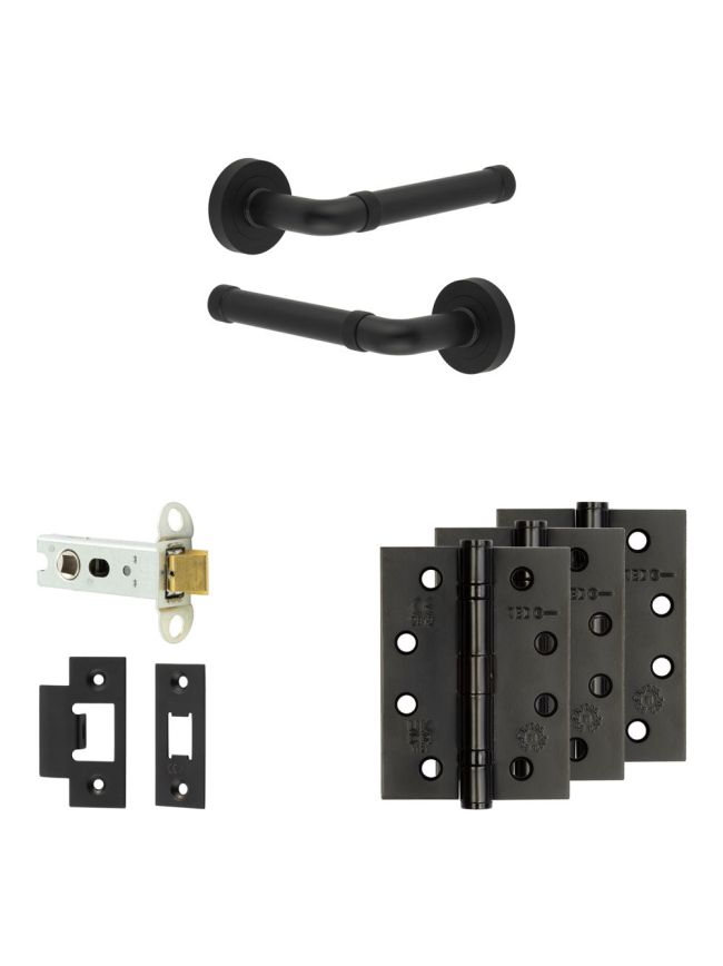 Complete Midtown Door Handle Pack - Heavy Duty Latch - Matt Black - 76mm / 4-inch Hinges - JE-G21A-MB