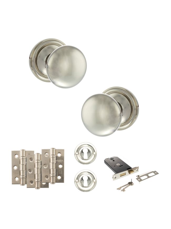 Old English Harrogate Door Knob Pack (Lock Set - Horizontal Sashlock, 3" Fire Rated Hinges x3) - Polished Nickel