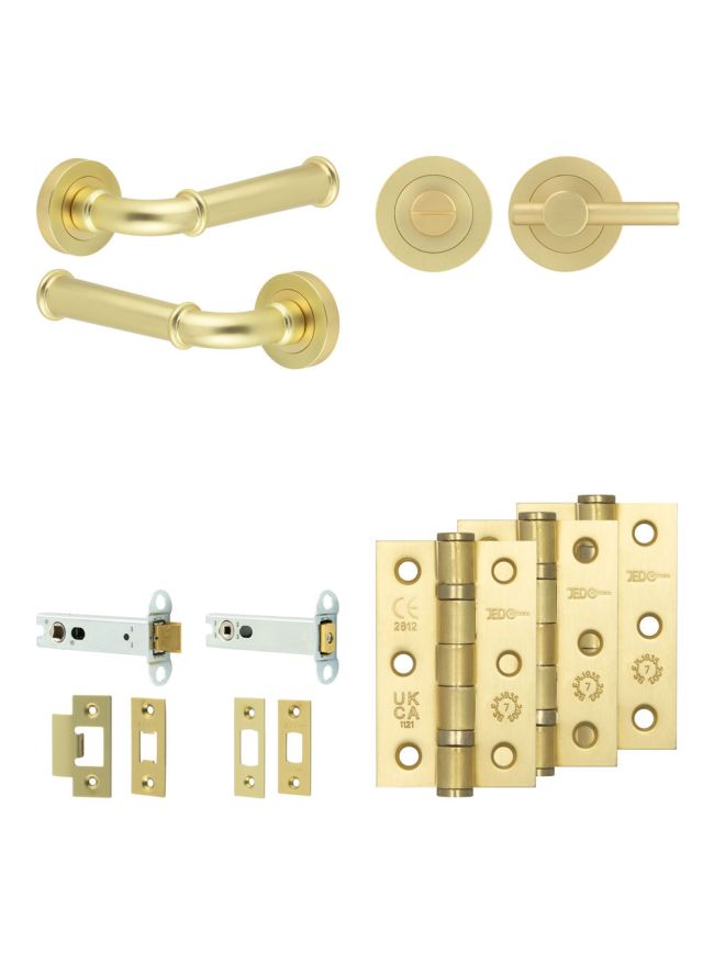 Complete Classic Door Handle Pack - Heavy Duty Tubular Bathroom (Plain Thumb Turn) - Satin Brass - 102mm / 3-inch Hinges - JE-A32B2-SB
