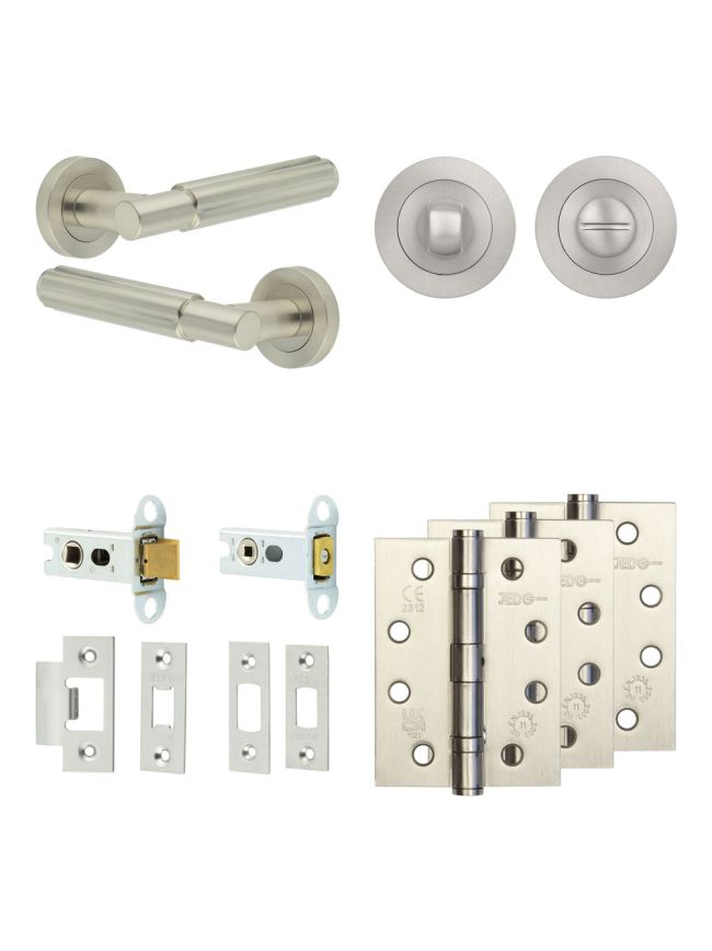 Complete Bloom Door Handle Pack - Heavy Duty Tubular Bathroom (Standard Thumb Turn) - Satin Nickel - 64mm / 4-inch Hinges - JE-B30A3-SN
