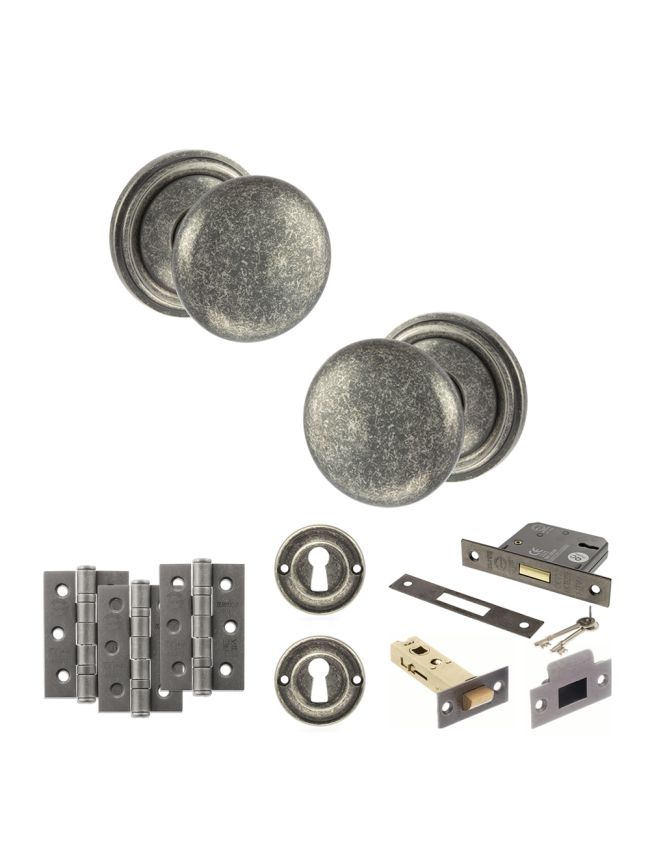 Old English Harrogate Door Knob Pack (Lock Set - 3" Latch & Deadlock, 3" Fire Rated Hinges x3) - Distressed Silver