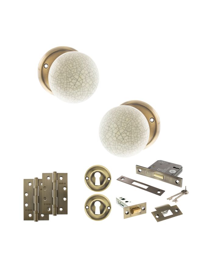 Old English Skipton Door Knob Pack (Lock Set - 3" Latch & Deadlock, 4" Slim Knuckle Hinges x2) - Antique Brass