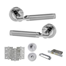 STATUS Dakota Door Handle Pack (Bathroom Set - 2.5" CE Bathroom Lock, 3" Fire Rated Hinges x3) - Satin Chrome/Polished Chrome
