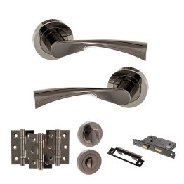 STATUS Colorado Door Handle Pack (Bathroom Set - 2.5" CE Bathroom Lock, 3" Fire Rated Hinges x3) - Black Nickel