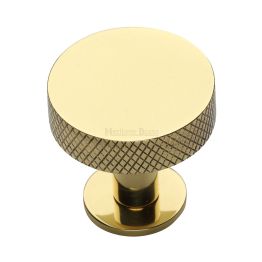 Heritage Brass Cabinet Knob Knurled Disc Design with Rose 38mm Polished Brass finish