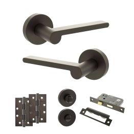 Senza Pari Darrio Door Handle Pack (Bathroom Set - 2.5" CE Bathroom Lock, 4" Slim Knuckle Hinges x2) - Urban Dark Bronze