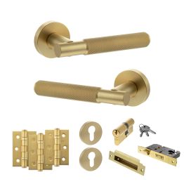 Senza Pari Rosarno Door Handle Pack (Euro Lock Set - 2.5" CE Sashlock, 3" Fire Rated Hinges x3) - Satin Brass