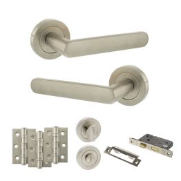 STATUS Carolina Door Handle Pack (Bathroom Set - 2.5" CE Bathroom Lock, 3" Fire Rated Hinges x3) - Satin Nickel