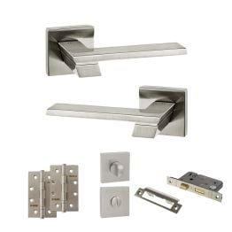 Senza Pari Giovanni Door Handle Pack (Bathroom Set - 3" CE Bathroom Lock, 4" Slim Knuckle Hinges x2) - Satin Nickel