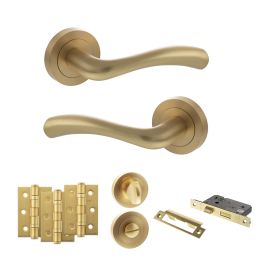 STATUS Texas Door Handle Pack (Bathroom Set - 2.5" CE Bathroom Lock, 3" Fire Rated Hinges x3) - Satin Brass