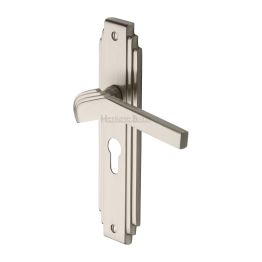 Heritage Brass Door Handle Euro Profile Plate Tiffany Design Satin Nickel Finish