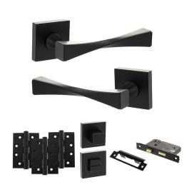 Senza Pari Guido Door Handle Pack (Bathroom Set - 3" CE Bathroom Lock, 4" Fire Rated Hinges x3) - Matt Black