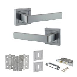 STATUS Montana Door Handle Pack (3 Lever Lock Set - 2.5" CE Sashlock, 3" Fire Rated Hinges x3) - Satin Chrome