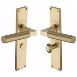 Heritage Brass Bauhaus Knurled Bathroom Set Door Handle on 200mm Plate Satin Brass finish