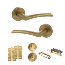 STATUS Indiana Door Handle Pack (Bathroom Set - 2.5" CE Bathroom Lock, 4" Slim Knuckle Hinges x2) - Satin Brass