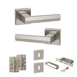 Senza Pari Davoli Door Handle Pack (3 Lever Lock Set - 3" CE Sashlock, 4" Slim Knuckle Hinges x2) - Satin Nickel