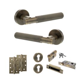 Senza Pari Rosarno Door Handle Pack (Euro Lock Set - 2.5" CE Sashlock, 4" Slim Knuckle Hinges x2) - Antique Brass