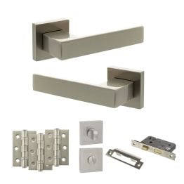 Senza Pari Panetti Door Handle Pack (Bathroom Set - 3" CE Bathroom Lock, 3" Fire Rated Hinges x3) - Satin Nickel