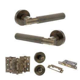 Senza Pari Rosarno Door Handle Pack (Bathroom Set - 3" CE Bathroom Lock, 3" Fire Rated Hinges x3) - Antique Brass