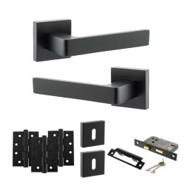 STATUS Montana Door Handle Pack (3 Lever Lock Set - 3" CE Sashlock, 4" Fire Rated Hinges x3) - Matt Black