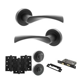 STATUS Colorado Door Handle Pack (Bathroom Set - 2.5" CE Bathroom Lock, 4" Fire Rated Hinges x3) - Matt Black