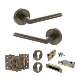 STATUS Alabama Door Handle Pack (Euro Lock Set - 2.5" CE Sashlock, 3" Fire Rated Hinges x3) - Antique Brass