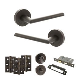 STATUS Alabama Door Handle Pack (Bathroom Set - 3" CE Bathroom Lock, 3" Fire Rated Hinges x3) - Urban Dark Bronze