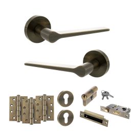 Senza Pari Laviano Door Handle Pack (Euro Lock Set - 2.5" CE Sashlock, 4" Fire Rated Hinges x3) - Antique Brass