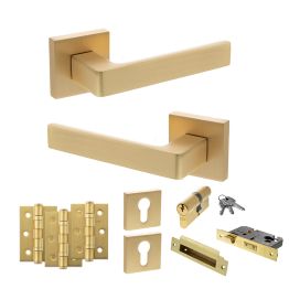STATUS Montana Door Handle Pack (Euro Lock Set - 3" CE Sashlock, 3" Fire Rated Hinges x3) - Satin Brass