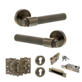 Senza Pari Andretta Door Handle Pack (Euro Lock Set - 2.5" CE Sashlock, 3" Fire Rated Hinges x3) - Antique Brass