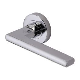 Heritage Brass Door Handle Lever Latch on Round Rose Trident Design Polished Chrome Finish