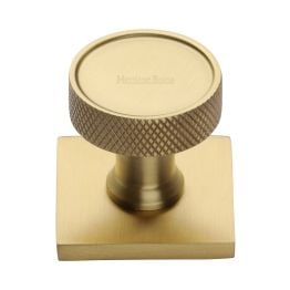 Heritage Brass Cabinet Knob Florence Knurled Design with Square Backplate 32mm Satin Brass finish