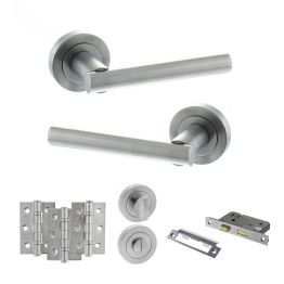 STATUS Nebraska Door Handle Pack (Bathroom Set - 3" CE Bathroom Lock, 3" Fire Rated Hinges x3) - Satin Chrome