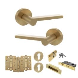 Senza Pari Darrio Door Handle Pack (Euro Lock Set - 3" CE Sashlock, 4" Fire Rated Hinges x3) - Satin Brass