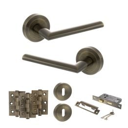 STATUS Alabama Door Handle Pack (3 Lever Lock Set - 3" CE Sashlock, 3" Fire Rated Hinges x3) - Antique Brass