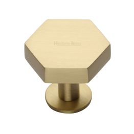 Heritage Brass Cabinet Knob Hexagon Design with Rose 38mm Satin Brass finish