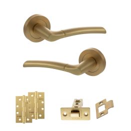 STATUS Indiana Door Handle Pack (Latch Set - 3" CE Latch, 4" Slim Knuckle Hinges x2) - Satin Brass