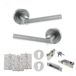 STATUS Nebraska Door Handle Pack (Euro Lock Set - 2.5" CE Sashlock, 4" Fire Rated Hinges x3) - Satin Chrome