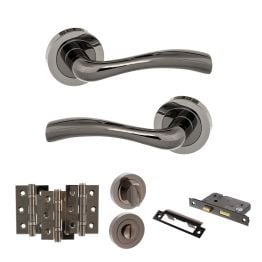 STATUS Texas Door Handle Pack (Bathroom Set - 2.5" CE Bathroom Lock, 3" Fire Rated Hinges x3) - Black Nickel
