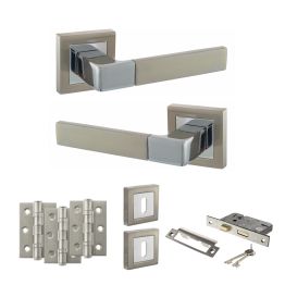 STATUS Montana Door Handle Pack (3 Lever Lock Set - 2.5" CE Sashlock, 3" Fire Rated Hinges x3) - Satin Nickel/Polished Chrome