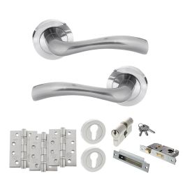 STATUS Texas Door Handle Pack (Euro Lock Set - 2.5" CE Sashlock, 4" Fire Rated Hinges x3) - Satin Chrome