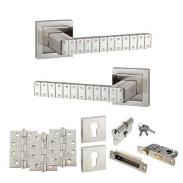 Senza Pari Bianca Door Handle Pack (Euro Lock Set - 2.5" CE Sashlock, 4" Fire Rated Hinges x3) - Satin Nickel