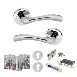 STATUS Texas Door Handle Pack (Euro Lock Set - 3" CE Sashlock, 4" Fire Rated Hinges x3) - Polished Chrome