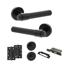 Senza Pari Andretta Door Handle Pack (Bathroom Set - 3" CE Bathroom Lock, 4" Slim Knuckle Hinges x2) - Matt Black