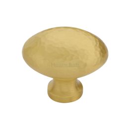Heritage Brass Cabinet Knob Victorian Oval Hammered Design 38mm Satin Brass finish