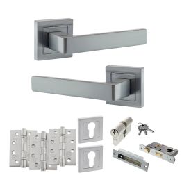 STATUS Montana Door Handle Pack (Euro Lock Set - 3" CE Sashlock, 4" Fire Rated Hinges x3) - Satin Chrome