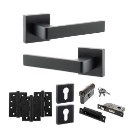 STATUS Montana Door Handle Pack (Euro Lock Set - 3" CE Sashlock, 4" Fire Rated Hinges x3) - Matt Black