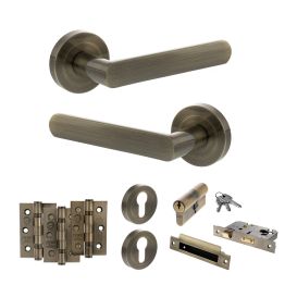 STATUS Carolina Door Handle Pack (Euro Lock Set - 3" CE Sashlock, 3" Fire Rated Hinges x3) - Antique Brass