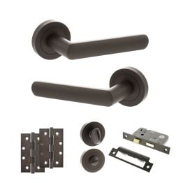 STATUS Carolina Door Handle Pack (Bathroom Set - 2.5" CE Bathroom Lock, 4" Slim Knuckle Hinges x2) - Urban Dark Bronze